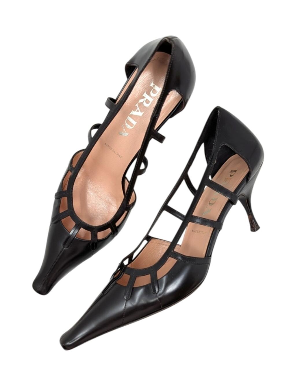 Prada Vintage Cutout Lattice Bondage Pointed Toe Kitten Heel Pump Brown 38.5 | 8